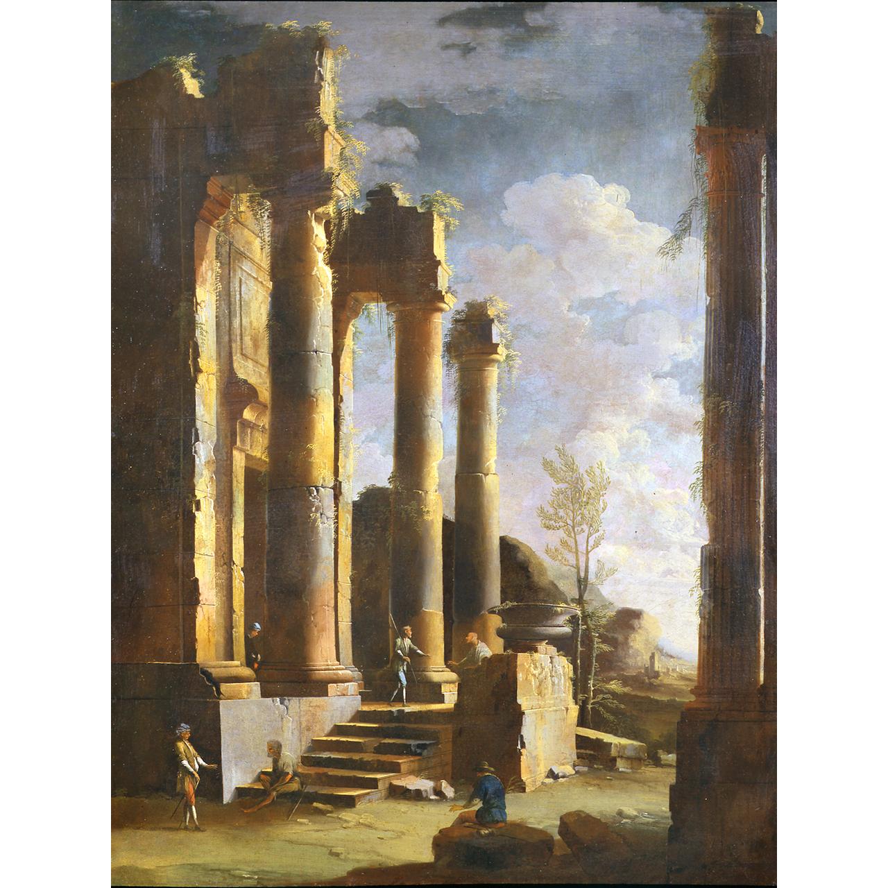 Dipinto: Capriccio con rovine antiche e figure, alba (I) 