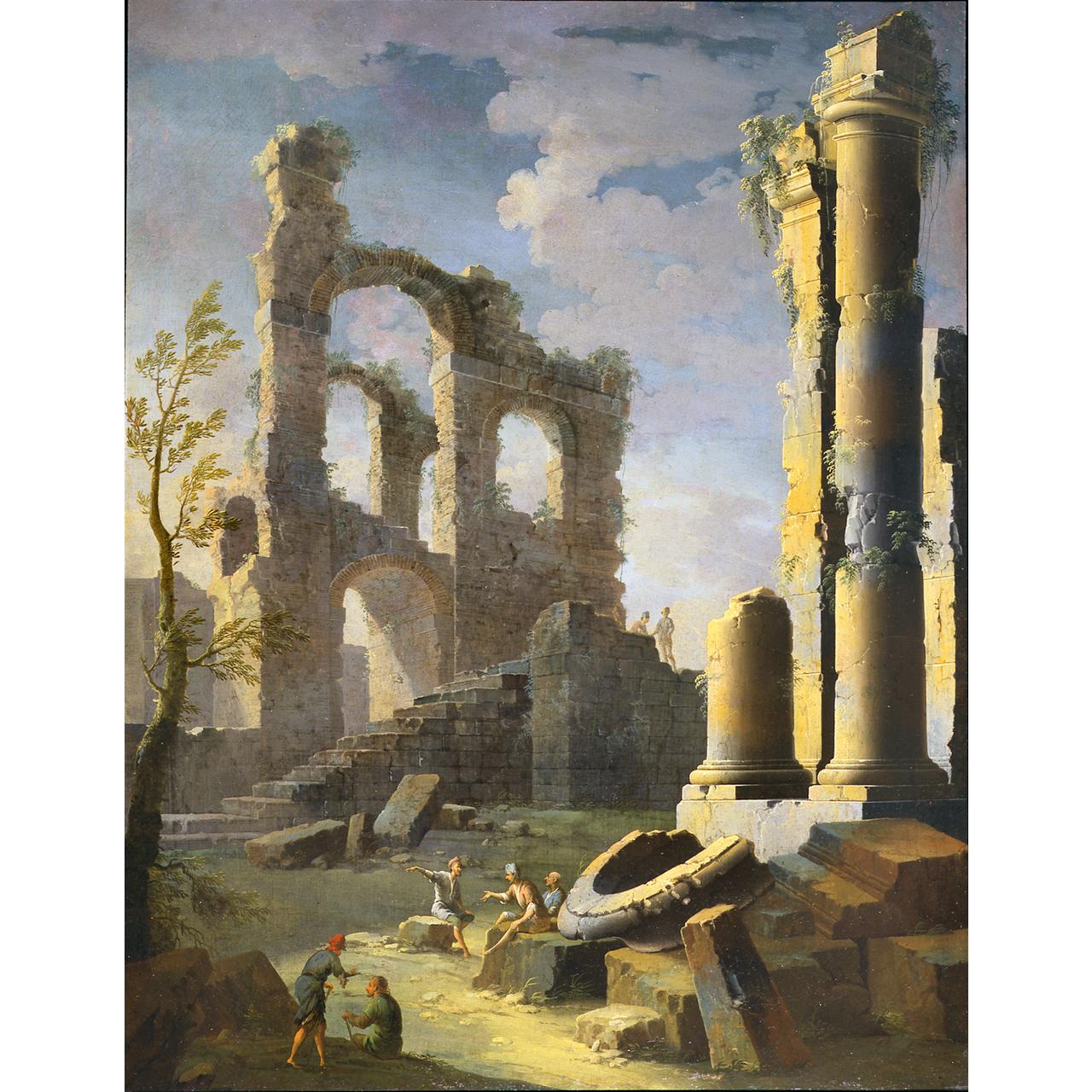 Dipinto: Capriccio con rovine antiche e figure, crepuscolo (I)