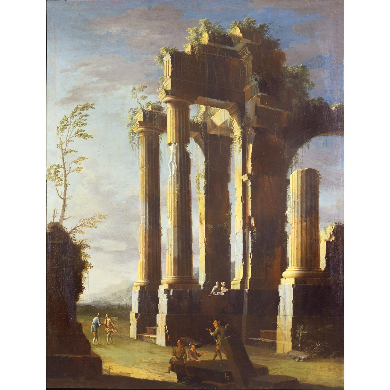 Dipinto: Capriccio con rovine antiche e figure, crepuscolo (II)