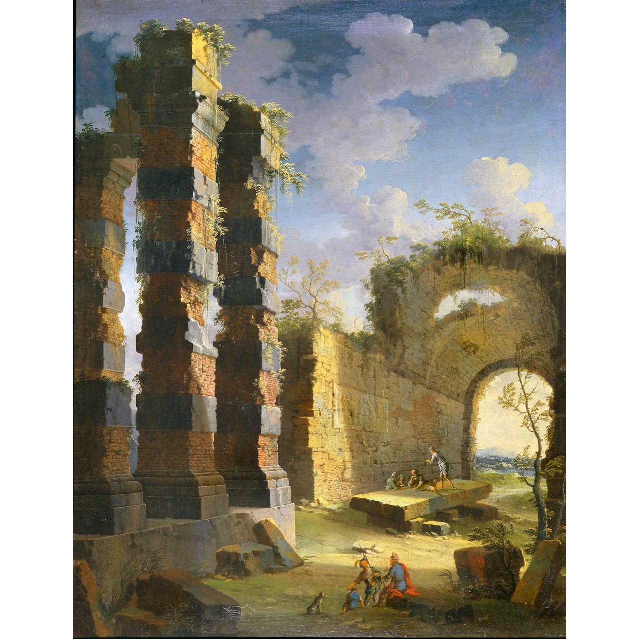 Dipinto: Capriccio con rovine antiche e figure, alba (II)